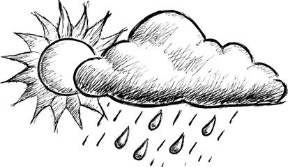 Sun and rain cloud with sketchy raindrops in black and white drawing. Vector illustration