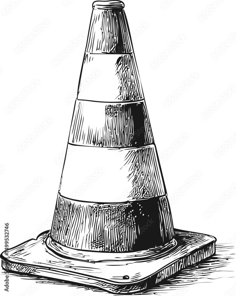 Poster detailed black and white sketch of a traffic cone with shading. vector illustration