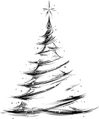 Artistic black and white sketch of a christmas tree with star and snowflakes. Vector illustration