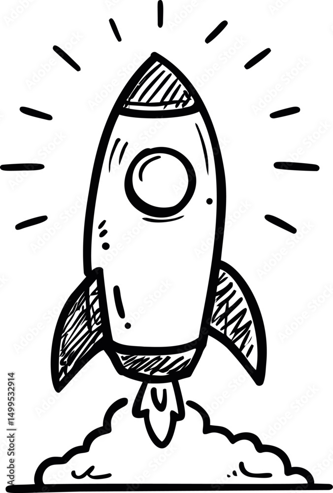 Poster black and white sketch of a rocket launching with clouds and lines. vector illustration