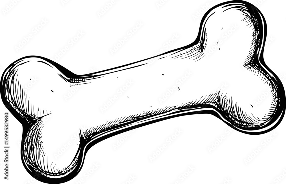 Poster sketch of a large bone with detailed shading in black and white illustration. vector illustration