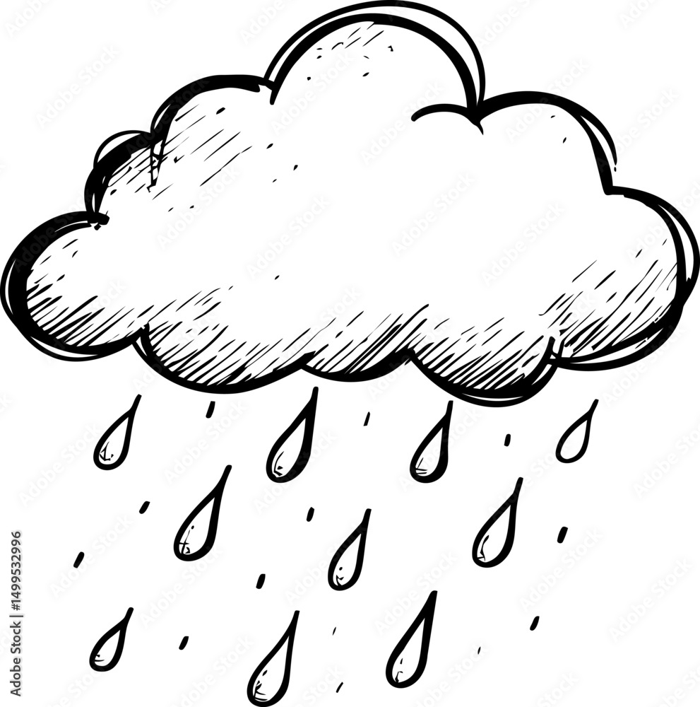 Poster illustration of a scribbled rain cloud with falling raindrops, black and white sketch. vector illust