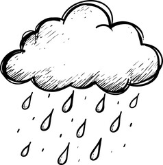 Illustration of a scribbled rain cloud with falling raindrops, black and white sketch. Vector illustration
