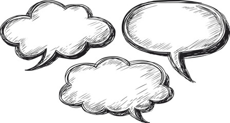 Sketchy black and white illustration of three speech bubbles. Vector illustration