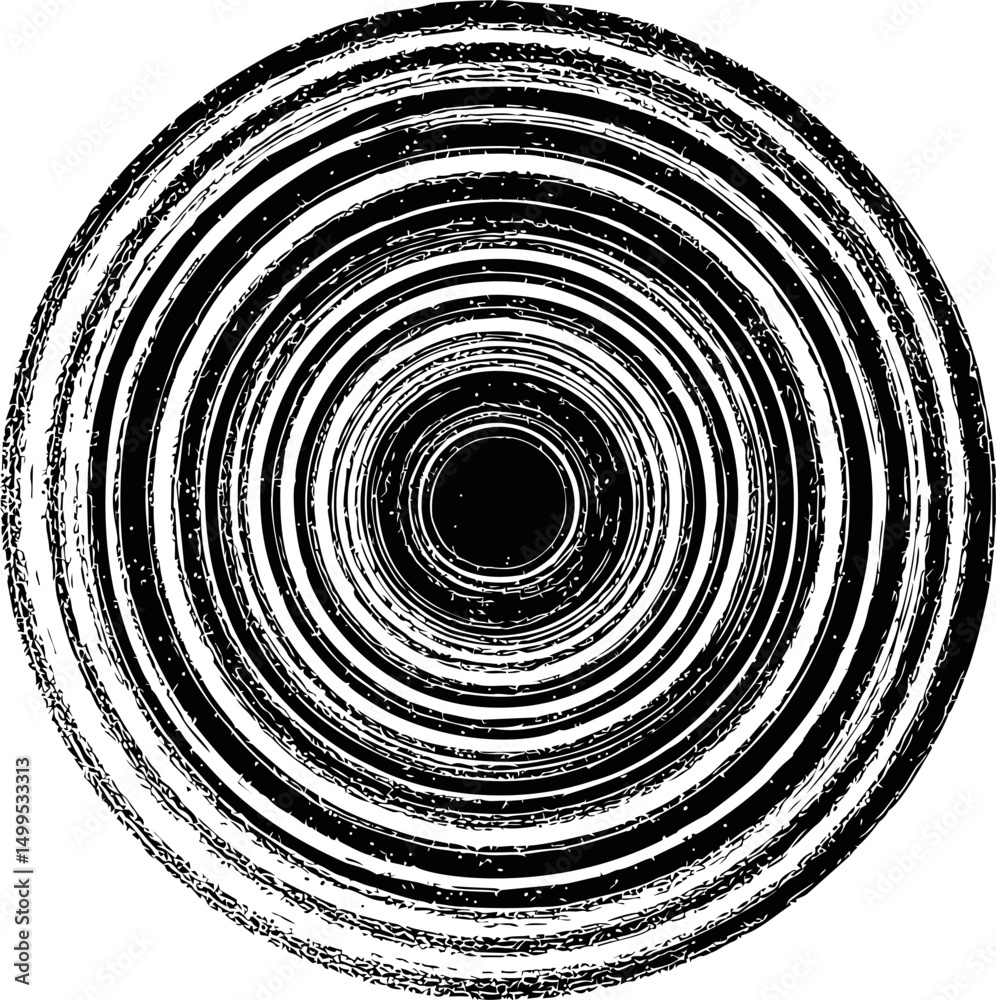 Poster black-and-white concentric circles with textured lines, abstract graphic illustration. vector illust