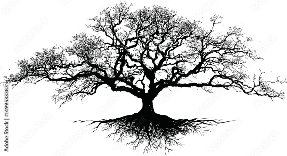 Poster Silhouette of a sprawling tree with intricate branches and roots. Vector illustration