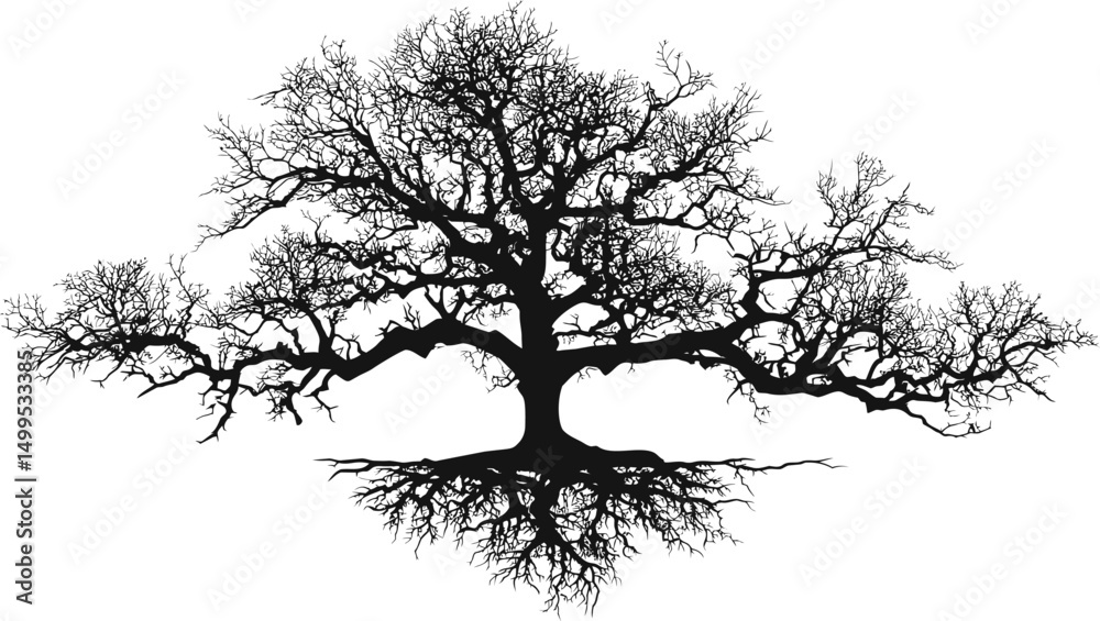 Aufkleber silhouette of a bare tree with branches and roots against. vector illustration