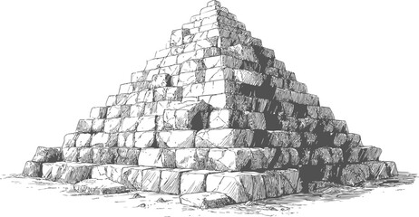 Black and white sketch of an ancient pyramid made of stone blocks. Vector illustration