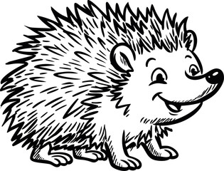 Cute cartoon hedgehog illustration in black and white, smiling animal art. Vector illustration