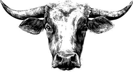 Black and white illustration of cow head with detailed line art and horns. Vector illustration