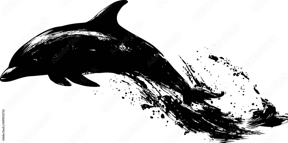 Poster silhouette of a jumping dolphin with splash in black ink style. vector illustration