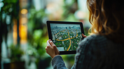 a businesswoman holding a tablet displaying a curved roadmap with milestones during a business presentation, corporate background