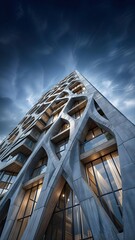 Gratte-ciel moderne aux formes organiques sous un ciel dramatique