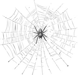 Obraz premium Black and white illustration of spider on intricate web, detailed sketch. Vector illustration