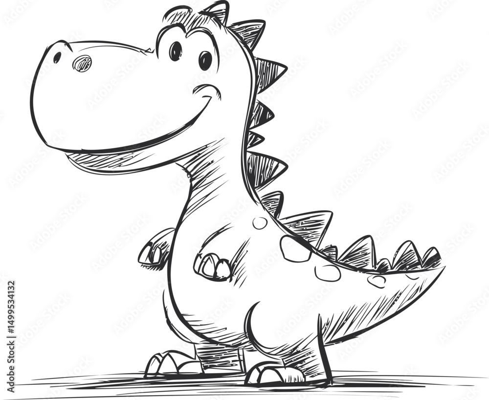 Poster cute cartoon dinosaur sketch with a happy expression and playful pose. vector illustration
