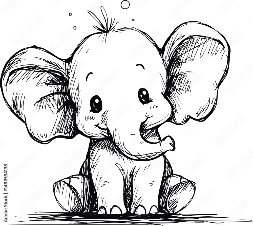 Poster adorable sketch of a baby elephant with large ears and a playful expression. vector illustration