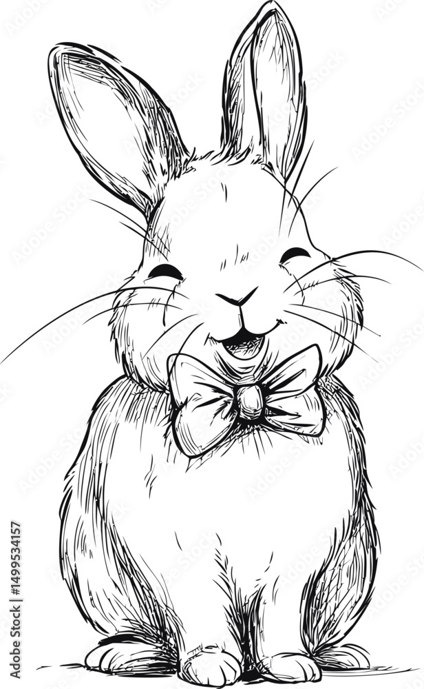 Poster happy sketch of a bunny wearing a bow tie with closed eyes and joyful expression. vector illustratio