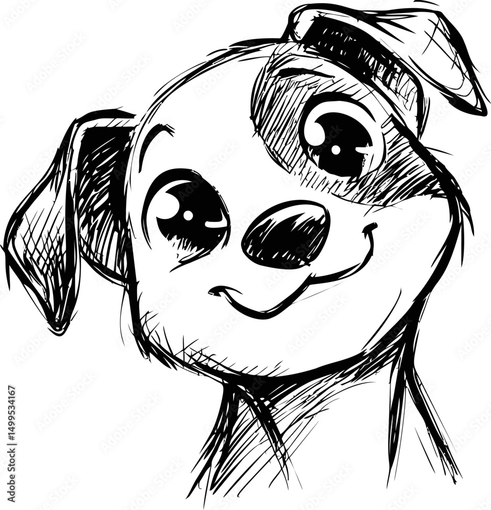 Poster sketch of a smiling cartoon dog with big eyes and playful expression in black lines. vector illustra