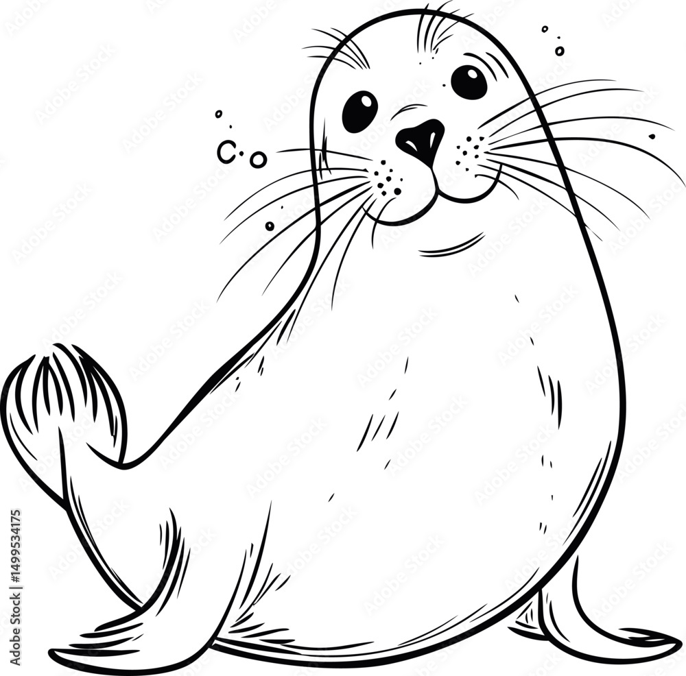 Poster happy cartoon seal drawing with playful expression and simple black outlines. vector illustration