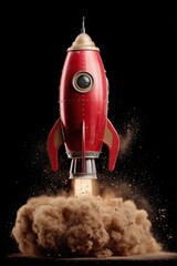 Retro red rocket launching with smoke and fire on black background studio shot conceptual illustration