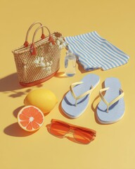 Summer vacation essentials still life flat lay on yellow background featuring beach bag fruit sunglasses and sandals