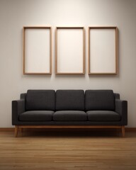 Interior with gray sofa and three blank frames on the wall mockup design living room modern style home decor