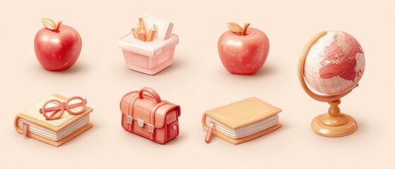 School Supplies Still Life Arrangement on Beige Background; Apple Book Globe Pencil Case and Satchel; Eye-Level Shot