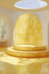 Golden Yellow Minimalist Interior with Platform and Skylight, Product Display, Architectural Style, Studio Shot