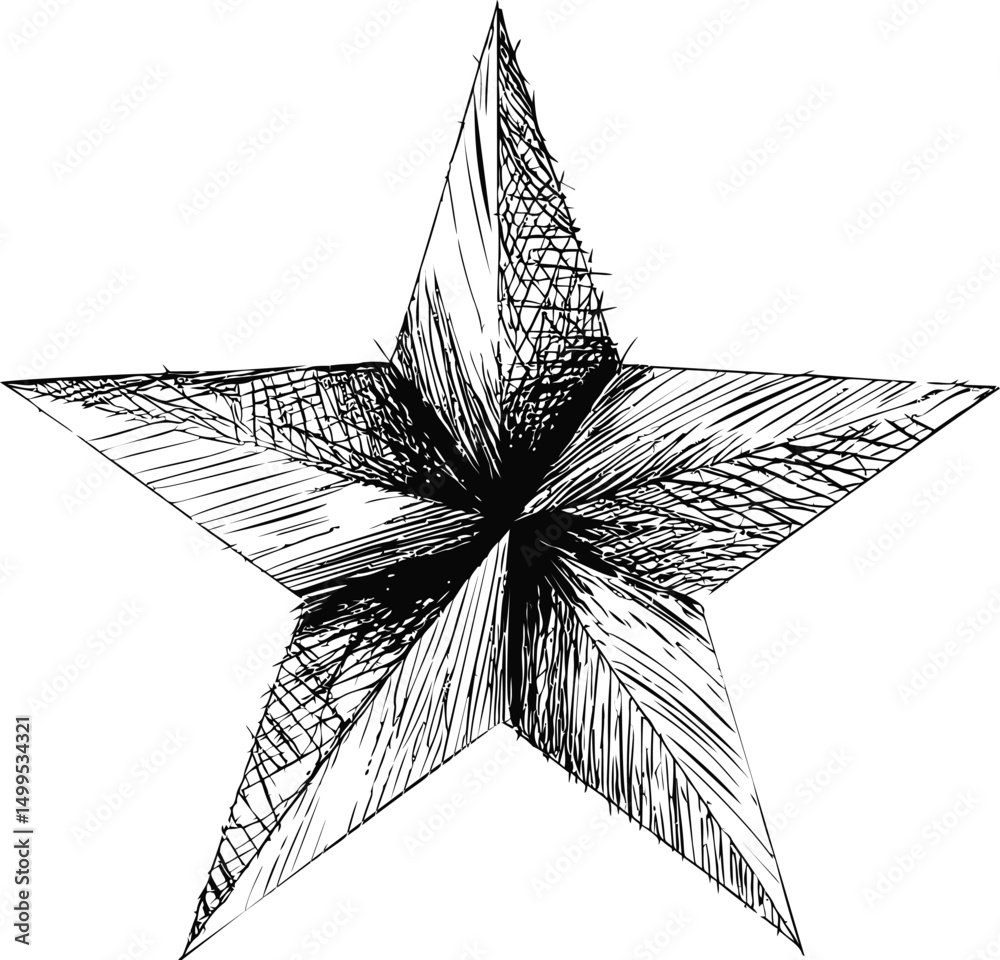Poster hand-drawn sketch of a five-pointed star with textured details in black and white. vector illustrati