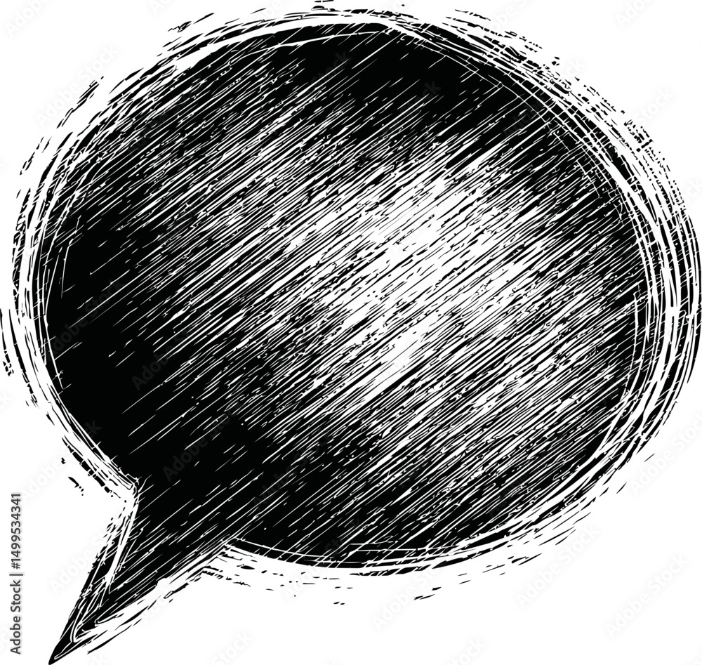 Poster grungy black and white speech bubble with textured scribbles. vector illustration