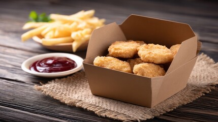 Chicken nuggets in a box with fries and ketchup on a wooden table close up studio shot fast food meal