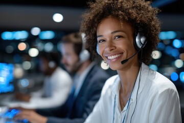A friendly woman wearing a headset smiles confidently while assisting clients in a dynamic tech support environment, displaying professionalism and commitment to service.
