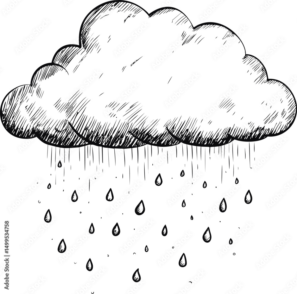 Poster sketch of a rain cloud with raindrops falling in black and white. vector illustration