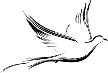 Elegant black and white brush stroke dove illustration with open wings. Vector illustration