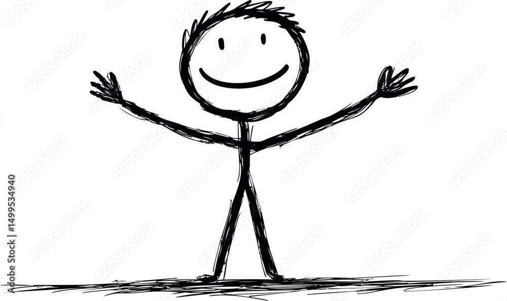 Poster Simple stick figure drawing with a happy expression and open arms. Vector illustration