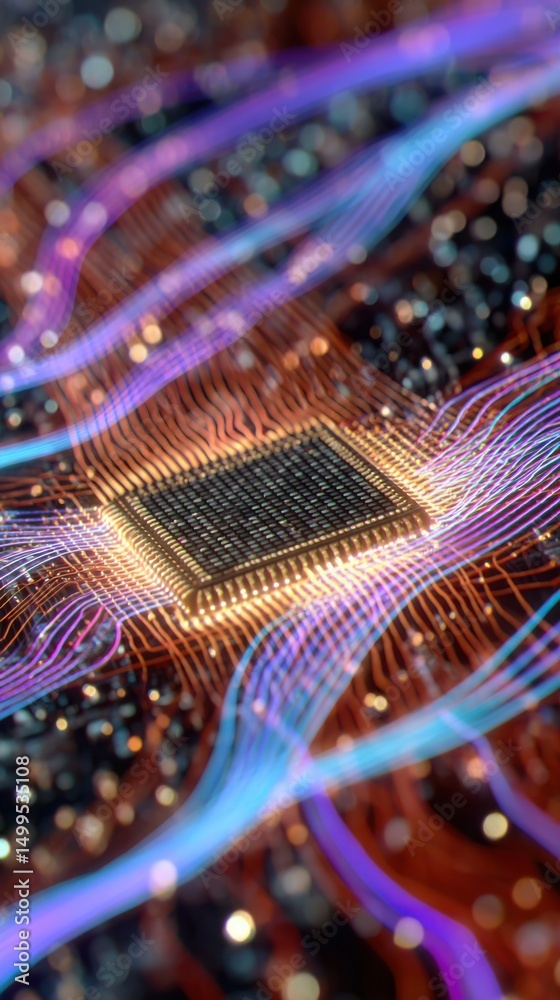 Poster futuristic microchip close up with glowing data streams and circuitry abstract high angle artificial