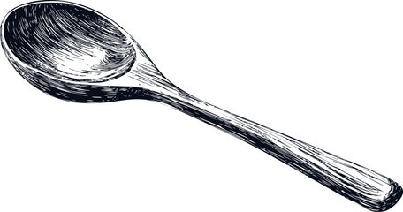 Detailed black and white illustration of a wooden cooking spoon sketch. Vector illustration