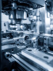 Fototapeta premium Close up of CNC machine milling metal part in factory; industrial precision manufacturing process with modern technology and automation