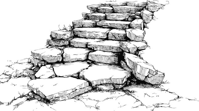 Black and white sketch of rugged stone steps and cracked ground. Vector illustration