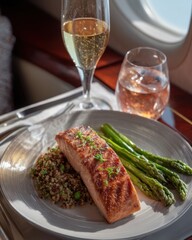 Gourmet Salmon Meal Served on Private Jet with Champagne and Wine Luxury Travel Dining Experience