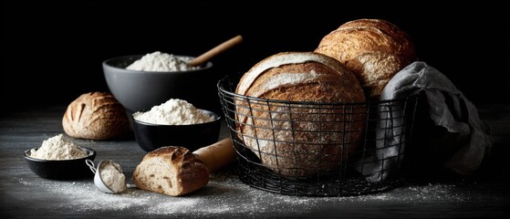 Artisan Bread Still Life in Dark Moody Style Baskets Bowls Flour Baking Preparation Food Photography