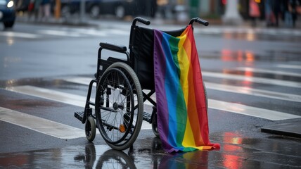 Obraz premium Empty wheelchair draped with rainbow LGBTQ flag on rainy city street, symbol of inclusion