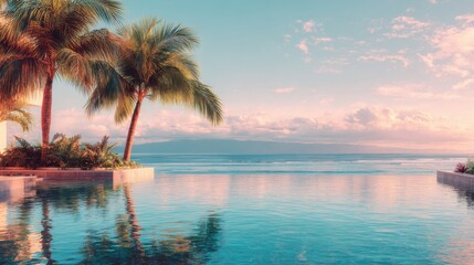 Serene Ocean View from Infinity Pool with Palm Trees at Sunset in Tropical Paradise; Tranquil Vacation Getaway