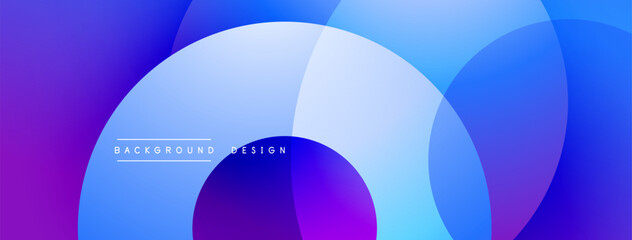 Abstract background features overlapping circles, vibrant blue, purple hues. Modern design, smooth gradients create dynamic visual effect.