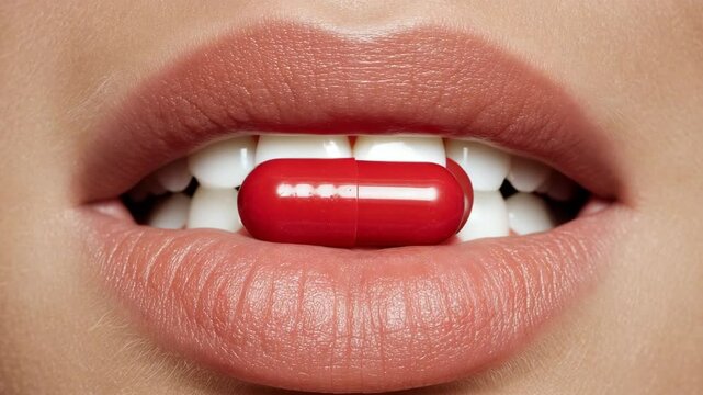 Bright red capsule held between lips for medication or supplement intake in a close-up view