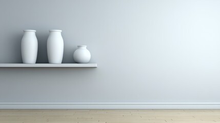 Minimalist Interior with White Vases on Shelf Low Angle Neutral Tones and Wood Floor Empty Space for Text or Product Placement