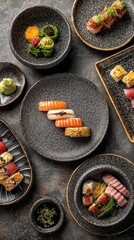 Overhead view of artistic sushi arrangement on textured plates and bowls, Japanese cuisine presentation, food photography, studio shot