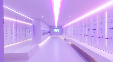 A long, sleek corridor with purple neon lighting, white walls, and rows of lockers, features a mirrored wall and a screen at the end