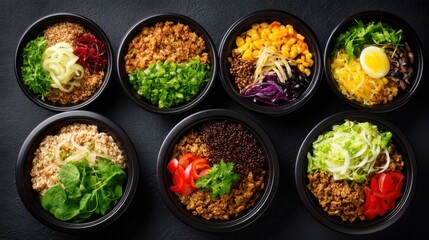 Overhead studio shot of six colorful grain bowls with various toppings on a dark background healthy food concept