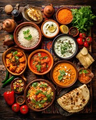 Overhead shot of a vibrant assortment of Indian cuisine dishes on a rustic wooden table showcasing curries rice and breads